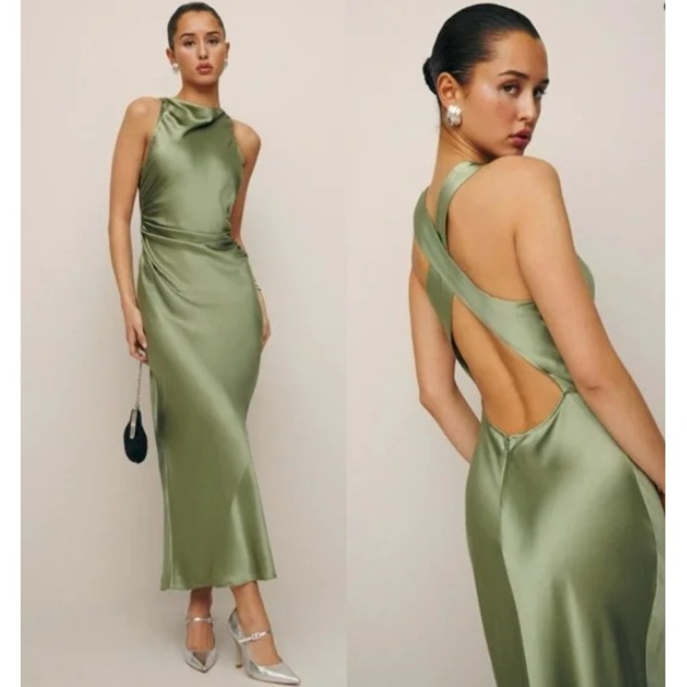 NEW NWT Reformation Casette Silk Dress Cowl Neck Maxi Long in Artichoke Green 8